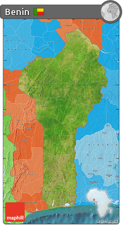 Satellite Map of Benin, political shades outside, satellite sea