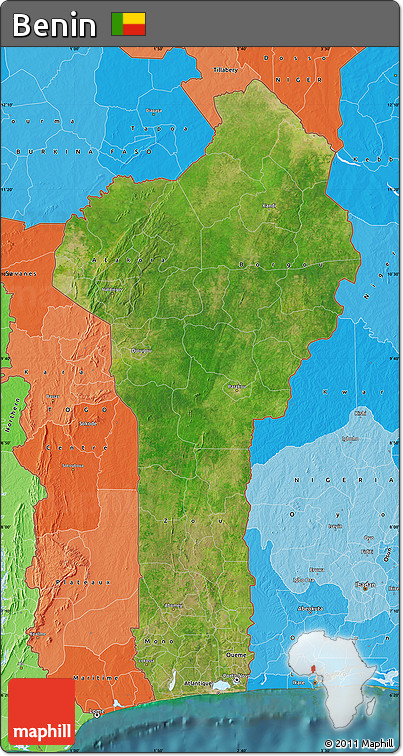 Satellite Map of Benin, political shades outside, satellite sea