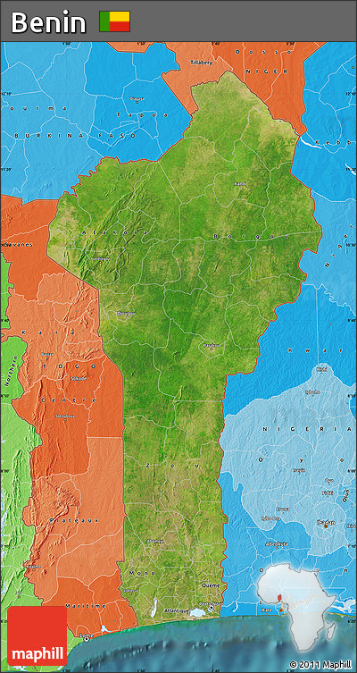 Satellite Map of Benin, political shades outside, satellite sea