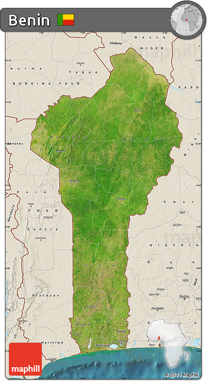 Satellite Map of Benin, shaded relief outside, satellite sea