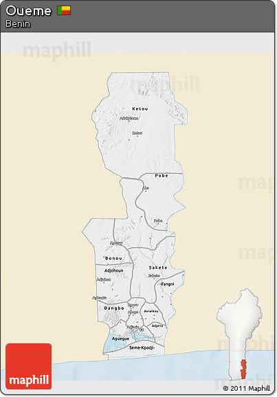 Classic Style 3D Map of Oueme, single color outside
