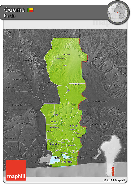 Physical 3D Map of Oueme, darken, desaturated