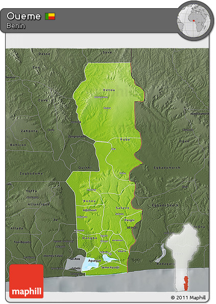 Physical 3D Map of Oueme, darken, semi-desaturated