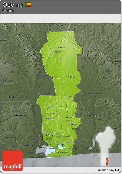 Physical 3D Map of Oueme, darken, semi-desaturated