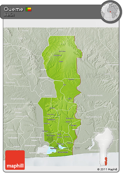 Physical 3D Map of Oueme, lighten, semi-desaturated