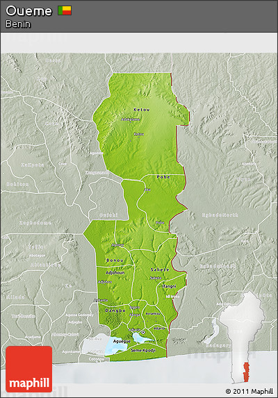 Physical 3D Map of Oueme, lighten, semi-desaturated