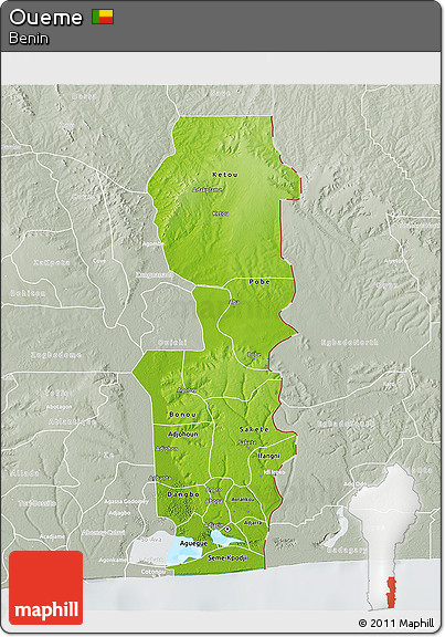 Physical 3D Map of Oueme, lighten, semi-desaturated