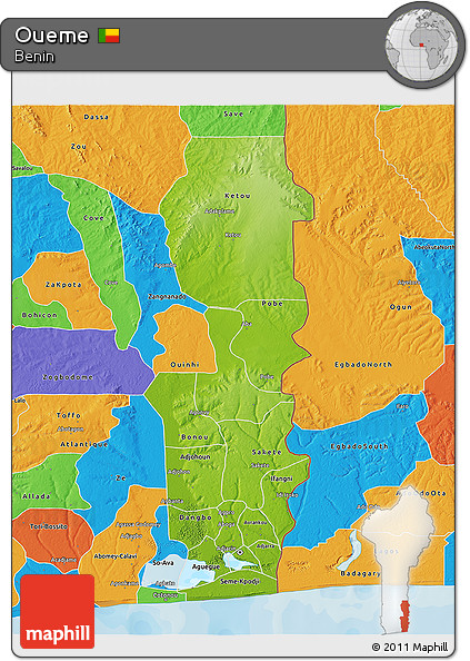 Physical 3D Map of Oueme, political outside