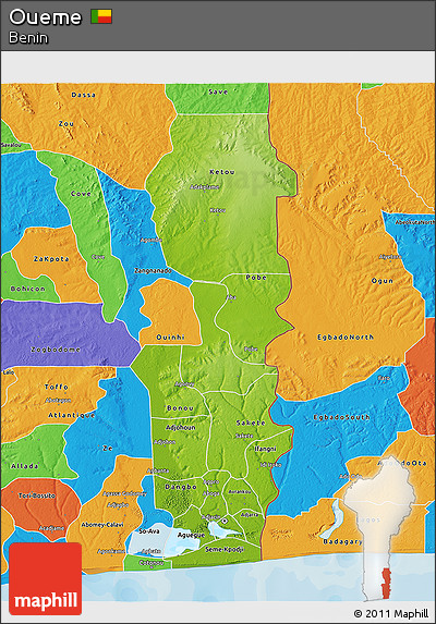 Physical 3D Map of Oueme, political outside