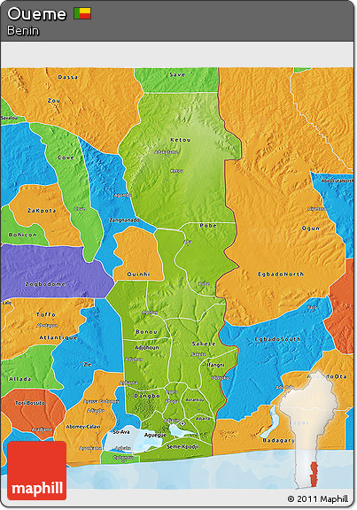 Physical 3D Map of Oueme, political outside