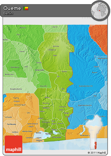 Physical 3D Map of Oueme, political shades outside