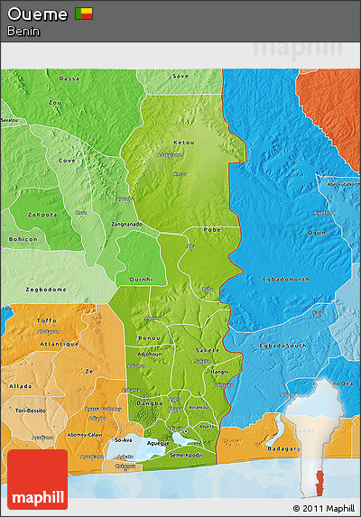 Physical 3D Map of Oueme, political shades outside