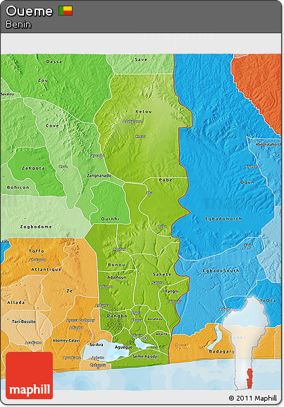 Physical 3D Map of Oueme, political shades outside
