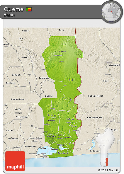 Physical 3D Map of Oueme, shaded relief outside