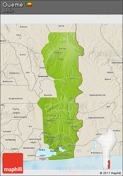 Physical 3D Map of Oueme, shaded relief outside
