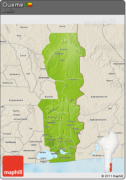 Physical 3D Map of Oueme, shaded relief outside