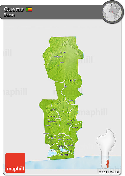 Physical 3D Map of Oueme, single color outside