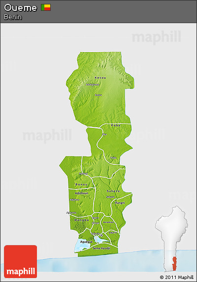 Physical 3D Map of Oueme, single color outside