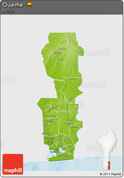 Physical 3D Map of Oueme, single color outside