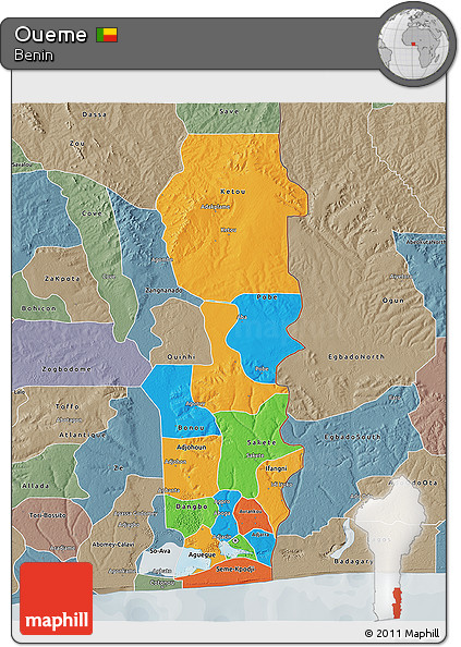 Political 3D Map of Oueme, semi-desaturated