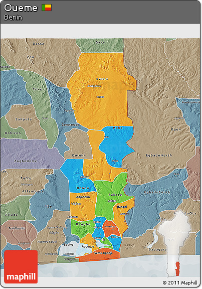 Political 3D Map of Oueme, semi-desaturated