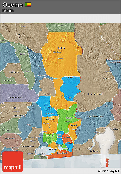 Political 3D Map of Oueme, semi-desaturated