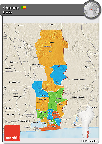 Political 3D Map of Oueme, shaded relief outside