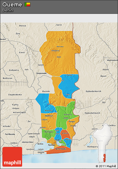 Political 3D Map of Oueme, shaded relief outside