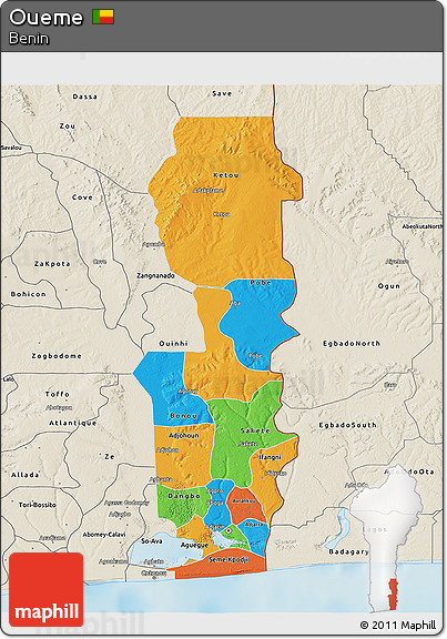 Political 3D Map of Oueme, shaded relief outside