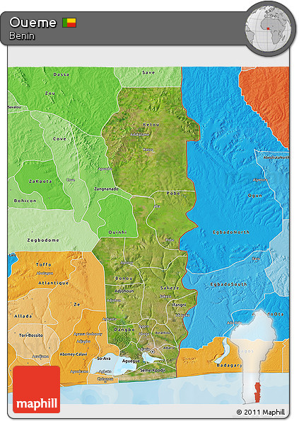Satellite 3D Map of Oueme, political shades outside