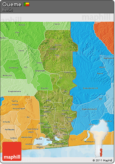 Satellite 3D Map of Oueme, political shades outside