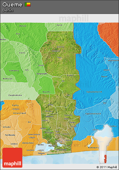 Satellite 3D Map of Oueme, political shades outside
