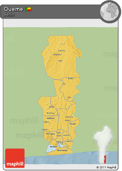 Savanna Style 3D Map of Oueme, single color outside