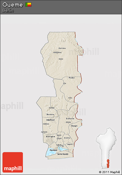 Shaded Relief 3D Map of Oueme, cropped outside