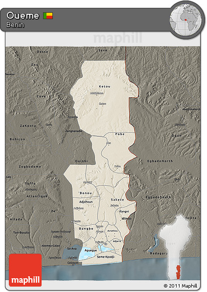 Shaded Relief 3D Map of Oueme, darken