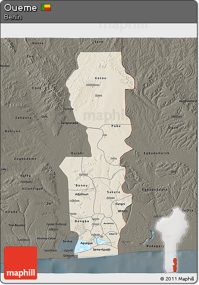 Shaded Relief 3D Map of Oueme, darken
