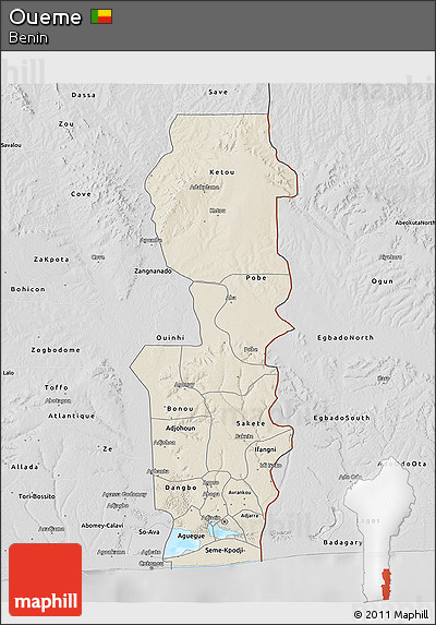 Shaded Relief 3D Map of Oueme, desaturated