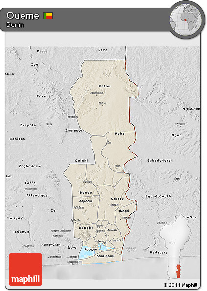 Shaded Relief 3D Map of Oueme, desaturated