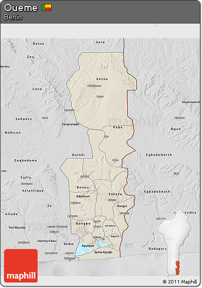 Shaded Relief 3D Map of Oueme, desaturated