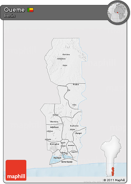 Silver Style 3D Map of Oueme, single color outside