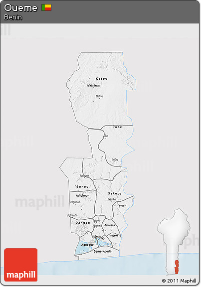 Silver Style 3D Map of Oueme, single color outside