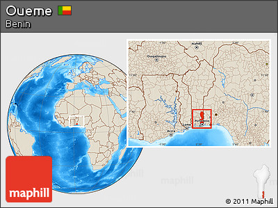 Shaded Relief Location Map of Oueme, within the entire country