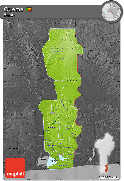 Physical Map of Oueme, darken, desaturated