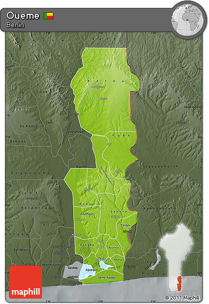 Physical Map of Oueme, darken, semi-desaturated