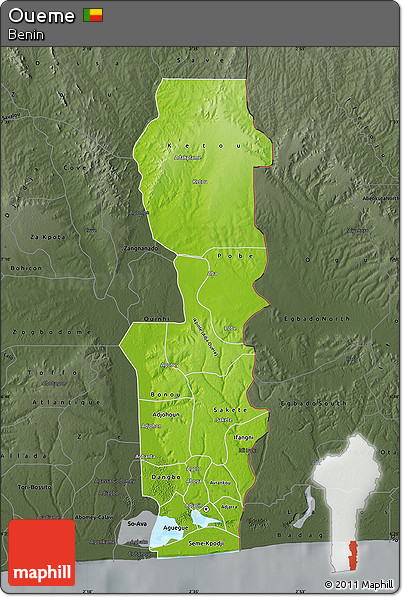 Physical Map of Oueme, darken, semi-desaturated