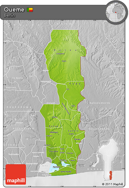Physical Map of Oueme, lighten, desaturated