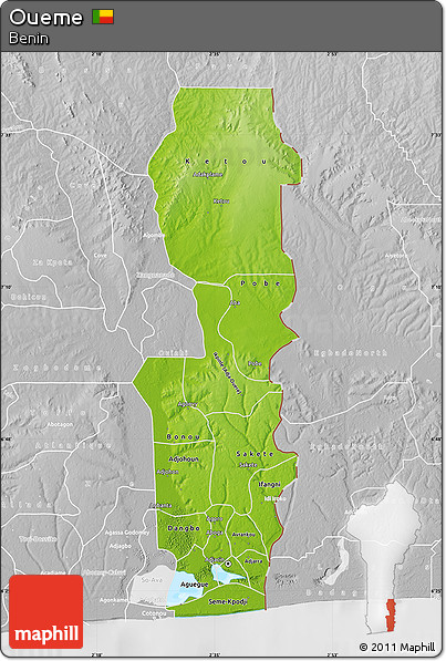 Physical Map of Oueme, lighten, desaturated