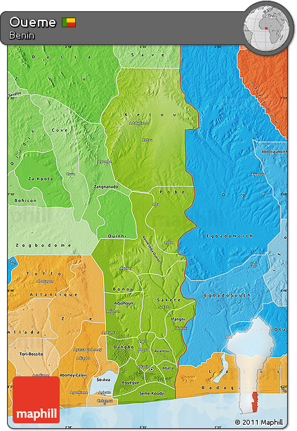 Physical Map of Oueme, political shades outside