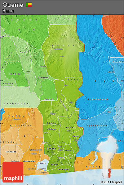 Physical Map of Oueme, political shades outside