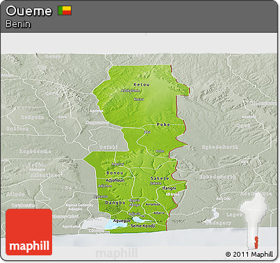 Physical Panoramic Map of Oueme, lighten, semi-desaturated